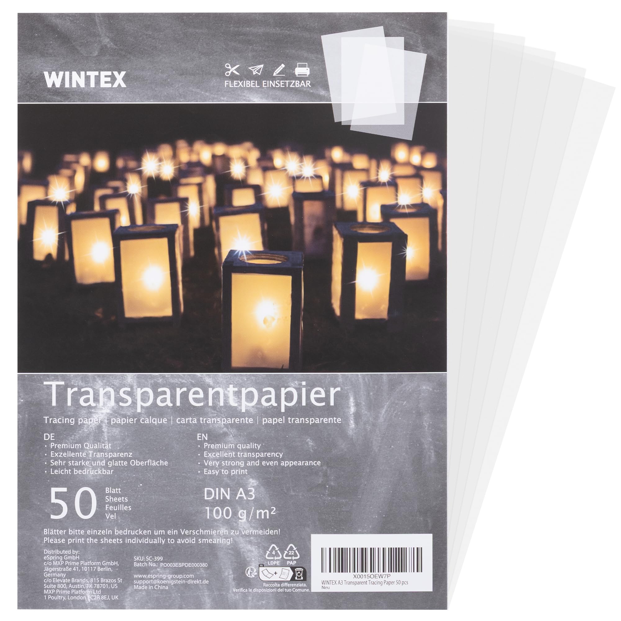 WINTEX Tracing Paper A3 100gsm (50 Sheets) - Transparent Vellum Paper for Printer Drawing Art Sketch Pattern Transfer - Ideal for Arts Crafts Architectural Drawings - Translucent
