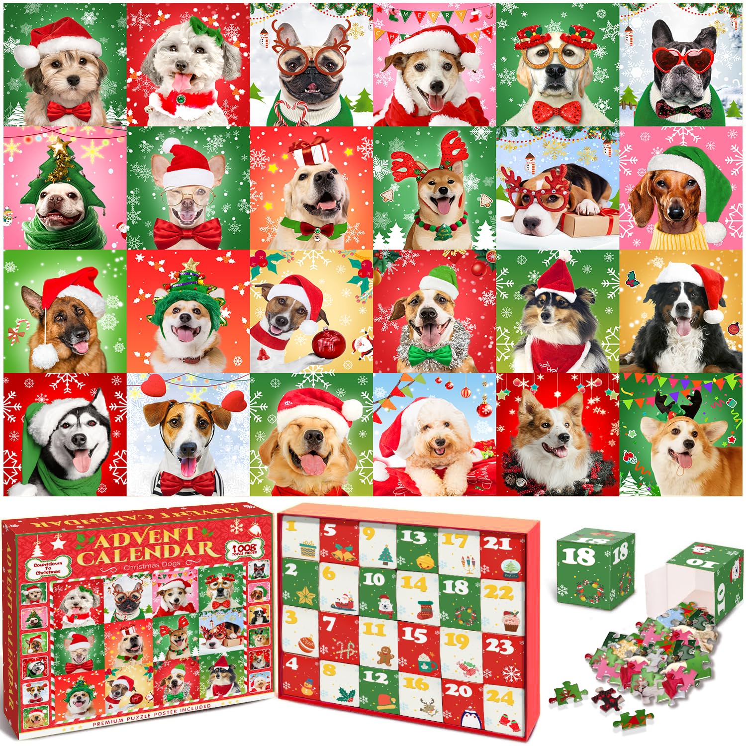 Photo 1 of Advent Calendar 2025 Christmas Jigsaw Puzzles, Christmas Dogs Holiday Puzzle for Kids Adults, 24 Boxes with 1008 Pieces Countdown to Christmas Puzzle, Christmas Decorations Christmas Gifts for Adults Kids