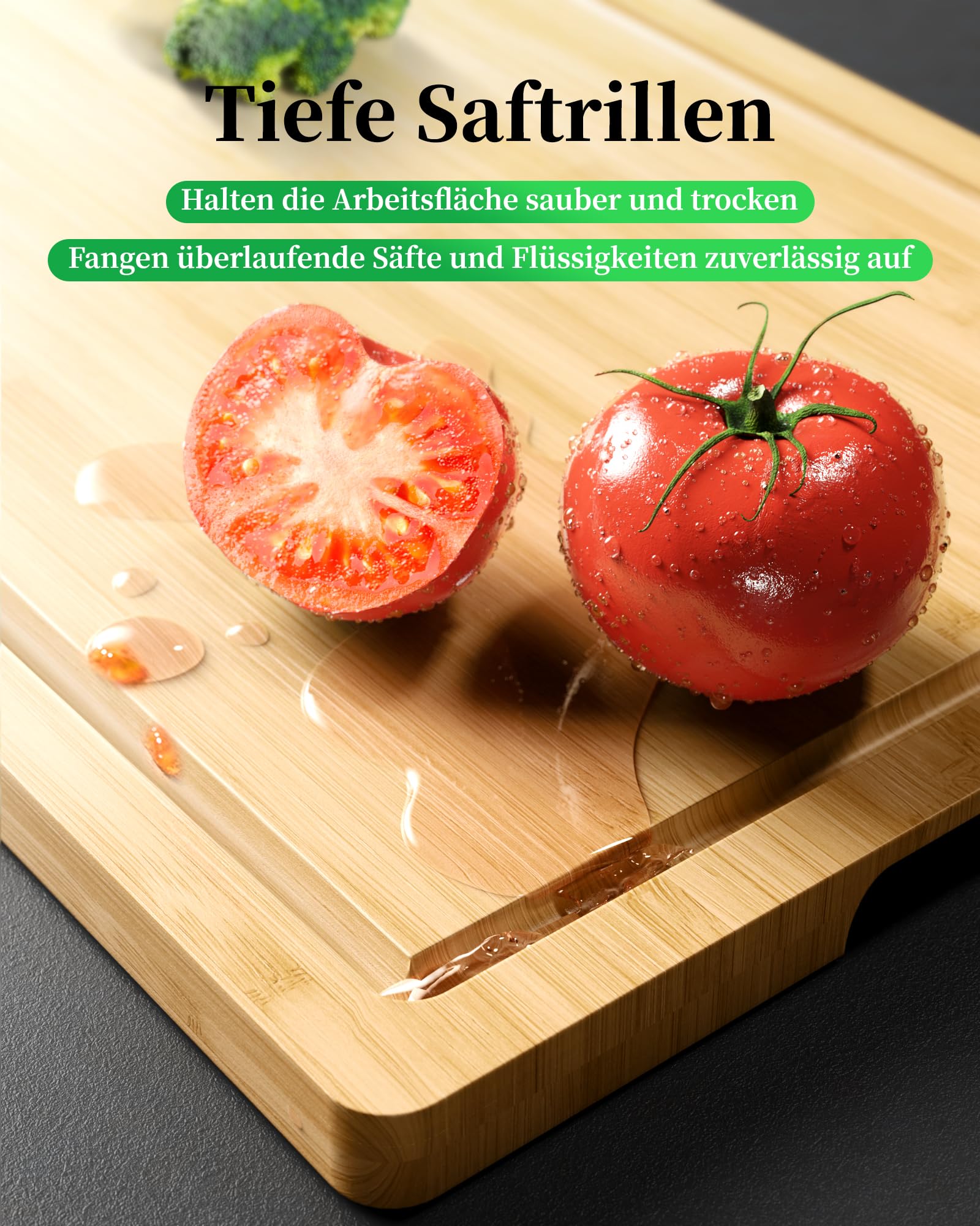 Kitsure Bambus-Schneidebrett – Holzschneidebrett, mit tiefen Saftrillen, zum Schneiden, Hacken & Servieren, groß, natur, 38.0 x 25.5 x 1.2 cm 3