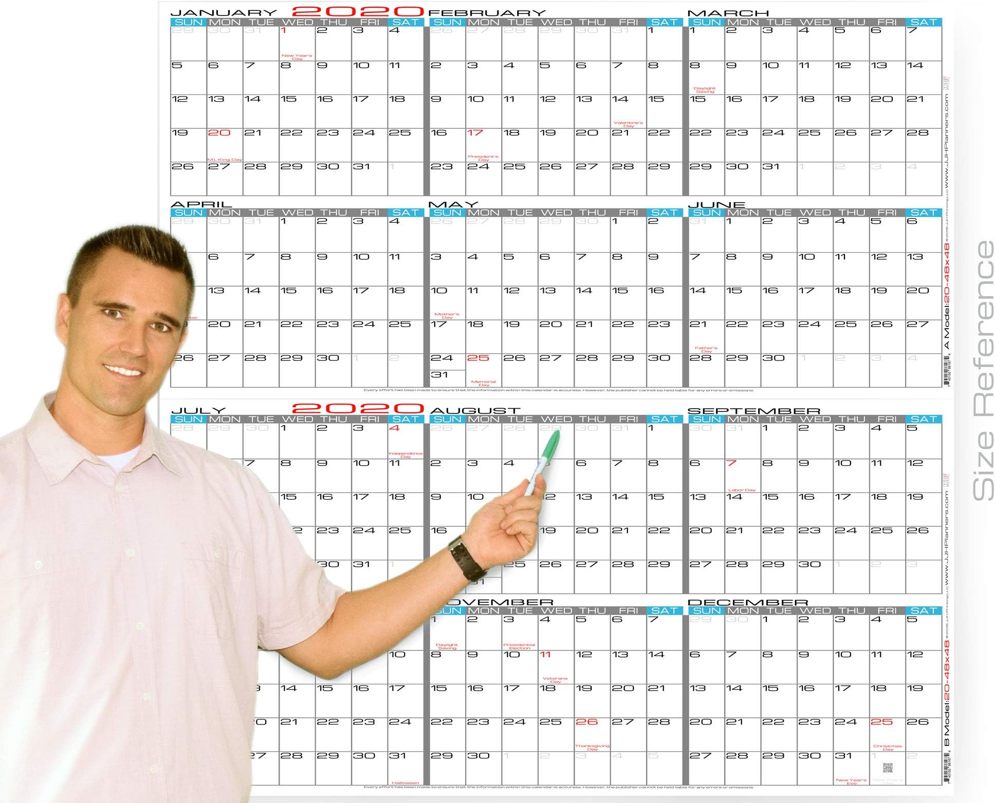 JJH Planners - Laminated - 48" x 48" Jumbo 2020 Wall Calendar - 2 Part 12 Month Yearly Annual Planner (20-48x48)