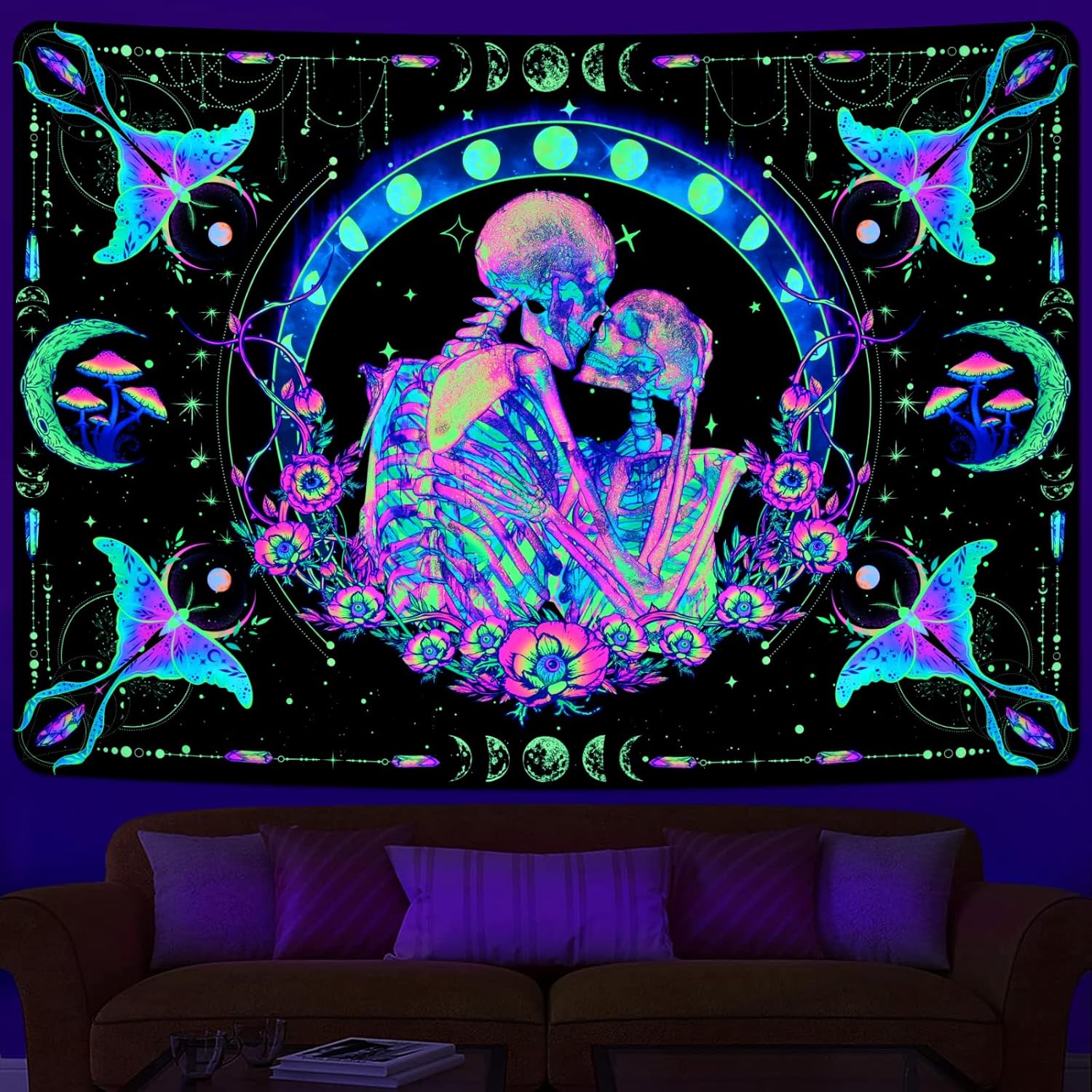Tapestries - Uspring Blacklight Skull Tapestry Moon Phase Tapestries Hippie Mandala Tapestry UV Reactive Moth Flower Tapestry Skeleton Lovers Tapestry for Bedroom Aesthetic, Black Light Decor (51.2 x 59.1 inches)