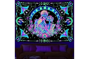 Uspring Blacklight Skull Tapestry Moon Phase Tapestries Hippie Mandala Tapestry UV Moth Flower Tapestry Skeleton Lovers Tapestry for Bedroom Aesthetic, Black Light Decor (51.2 x 59.1 inches)