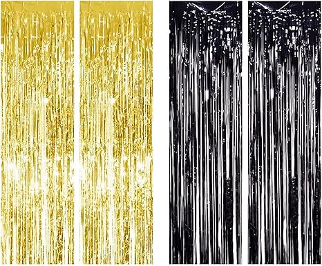 nplux 4 piezas de cortina de flecos de aluminio metalico dorado y negro para decoracion de bodas cumpleanos fiestas y fiestas