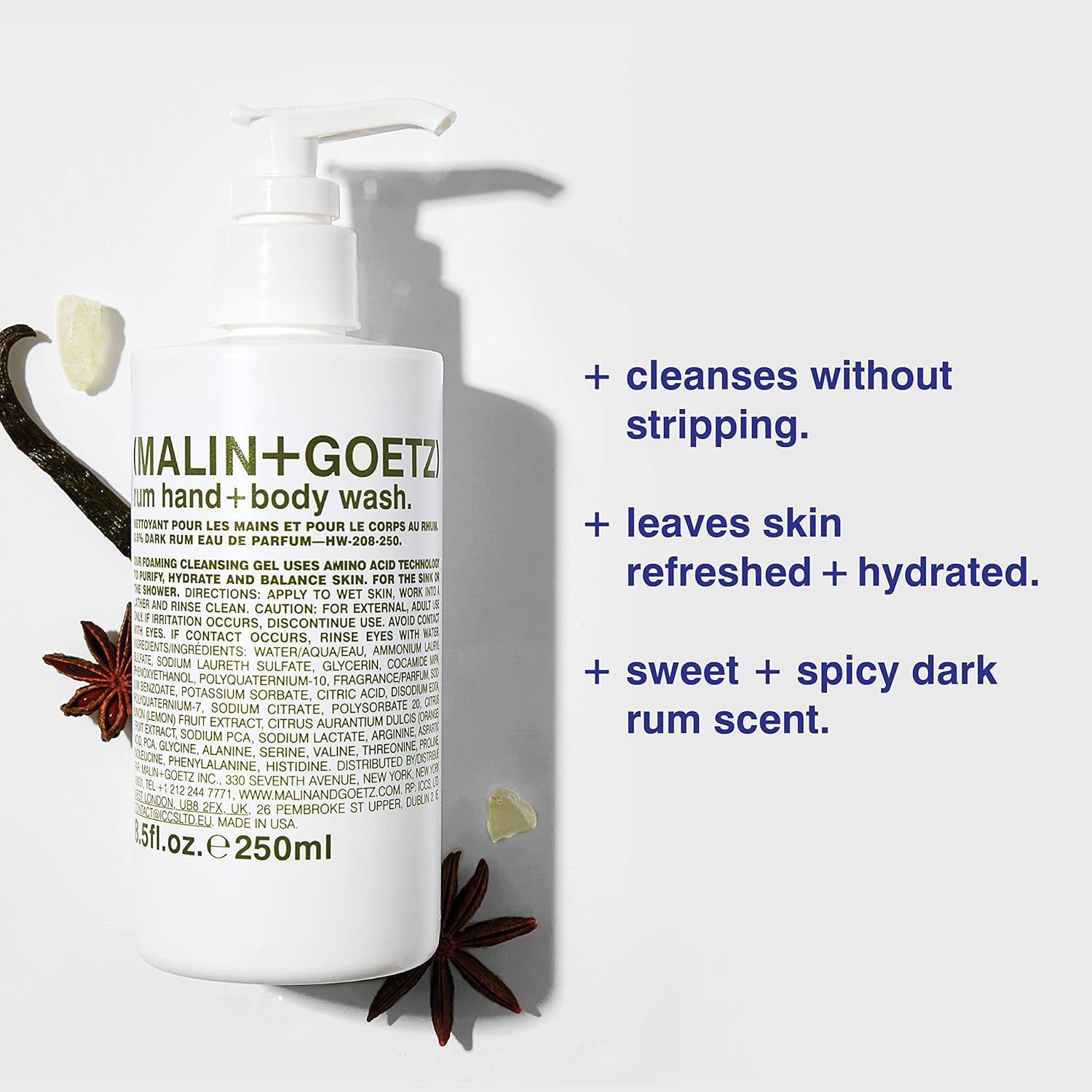 Malin + Goetz Rum Hand + Body Wash — cleansing, purifying, hydrating women and men’s hand and body wash. all skin types, dry, sensitive. No stripping or irritation. Cruelty-free and vegan 16 Fl oz: Premium Beauty