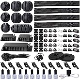 N NOROCME 192 PCS Cable Management Kit 4 Wire Organizer Sleeve | 11 Cable Holder,35Cord Clips 10+2 Roll Cable Organizer Straps,100 Fastening Cable Ties,for Computer TV Under Desk