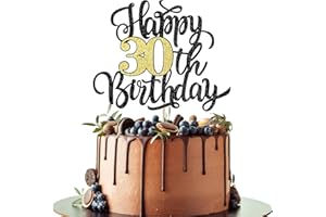Leetaivie Happy 30th Birthday Cake Topper, Black Gold Glitter Birthday Cake Topper, 30th Anniversary/ 30th Birthday Party Decoration Supplies