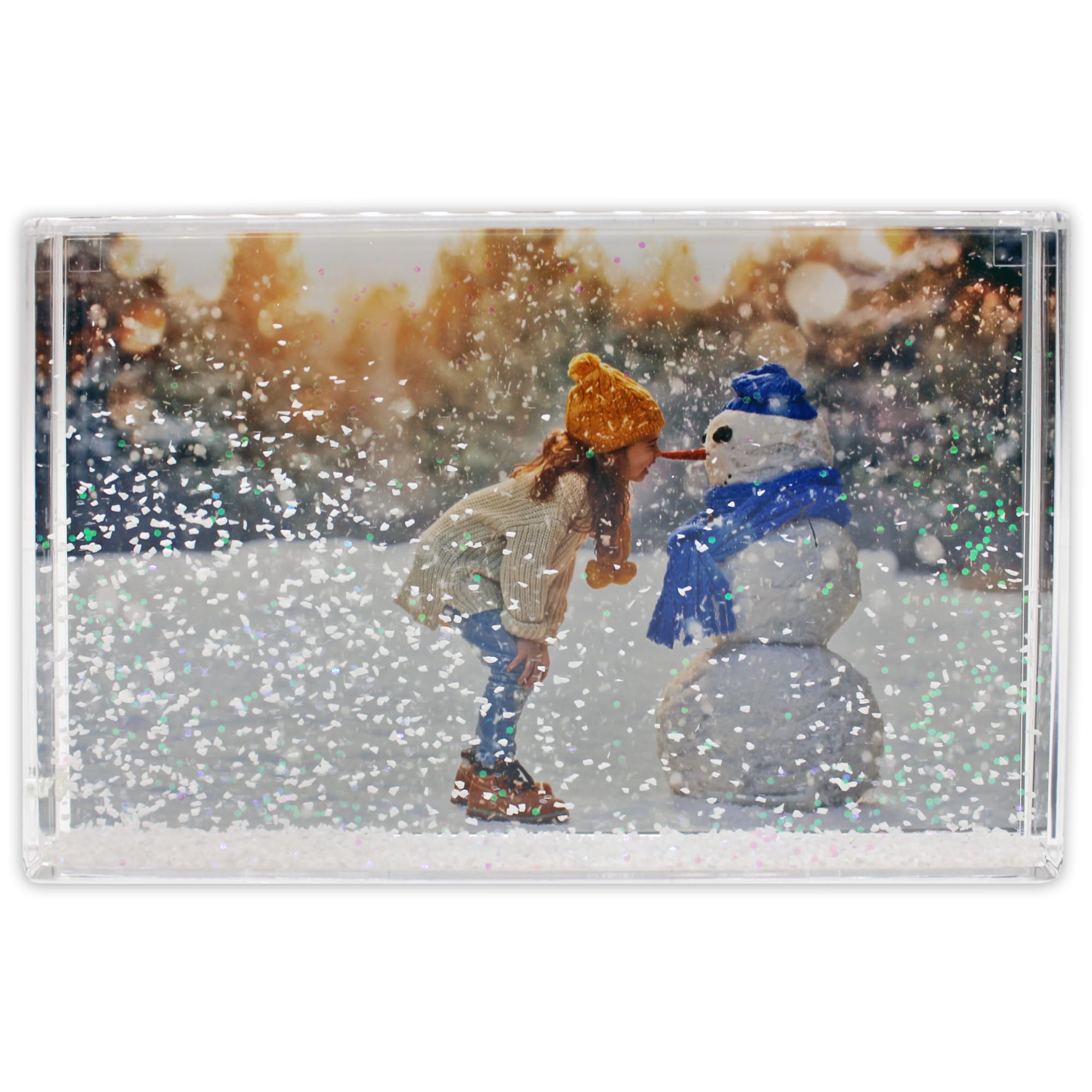 Glitter Photo Frame, Acrylic Picture Frame holds 10 x 15 cm (4 x 6 inch) Clear Frameless Desktop Photo Block with Glitter Snow (White) - Ideal Personalised Gifts, Stocking Fillers or Xmas Decorations — image 1