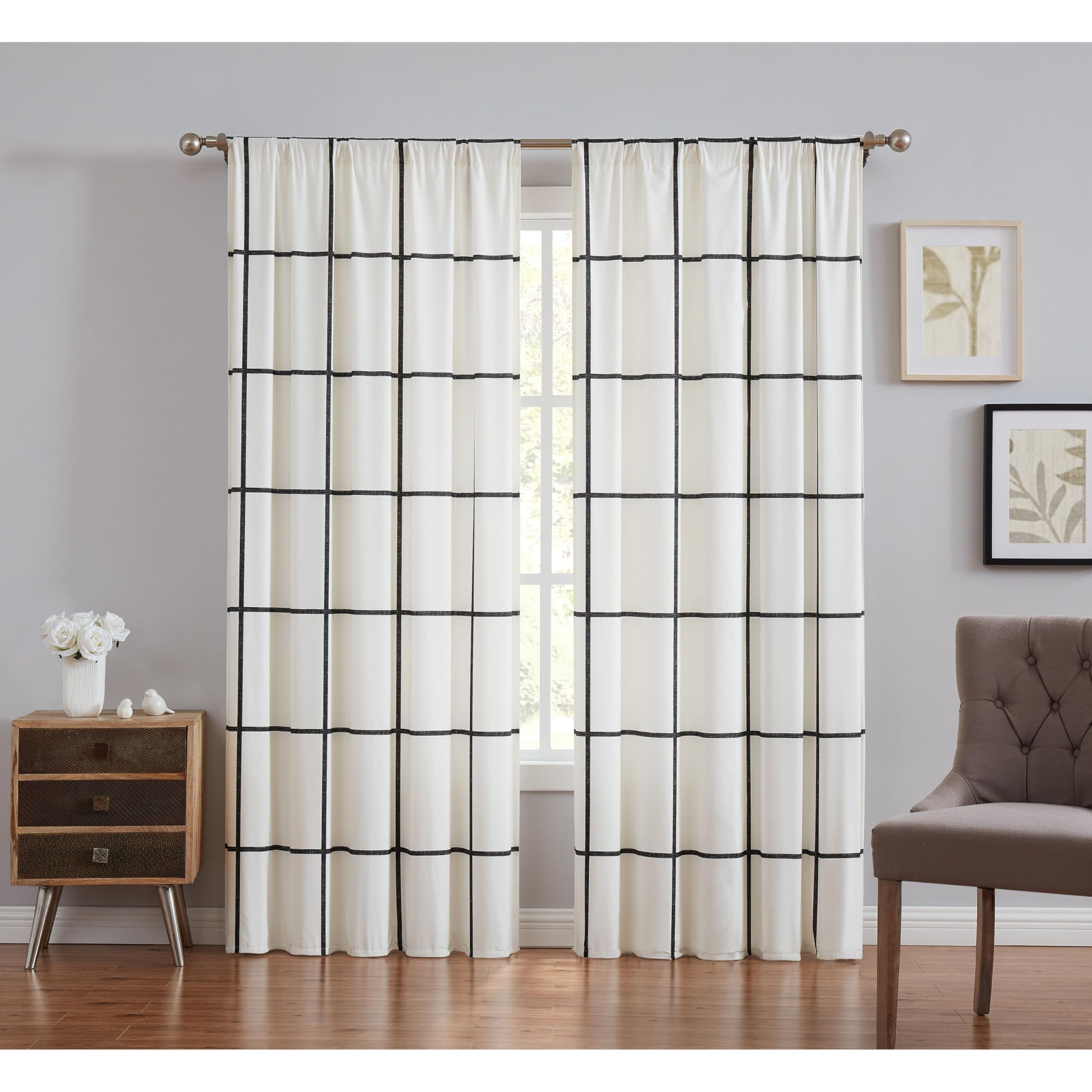 Truly Soft Everyday Kurt White Stripe Windowpane, Microfiber, Ivory/Black, Window Curtain