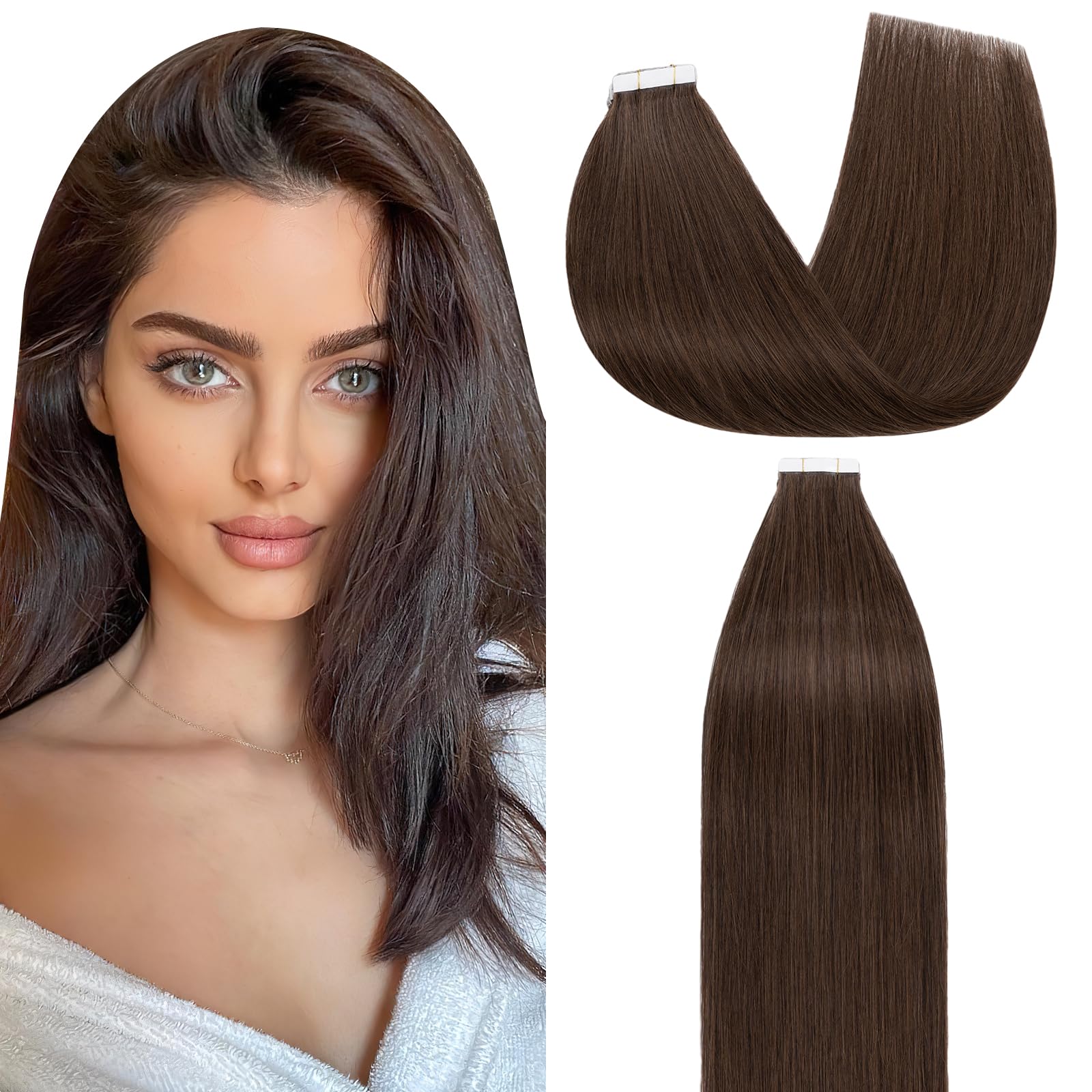 Rich Choices Tape Hair Extensions Real Human Hair 10 pcs Straight Remy Hair Invisible Tape Extensions #4 Medium Brown Seamless Silky Weft 16 Inch 25g