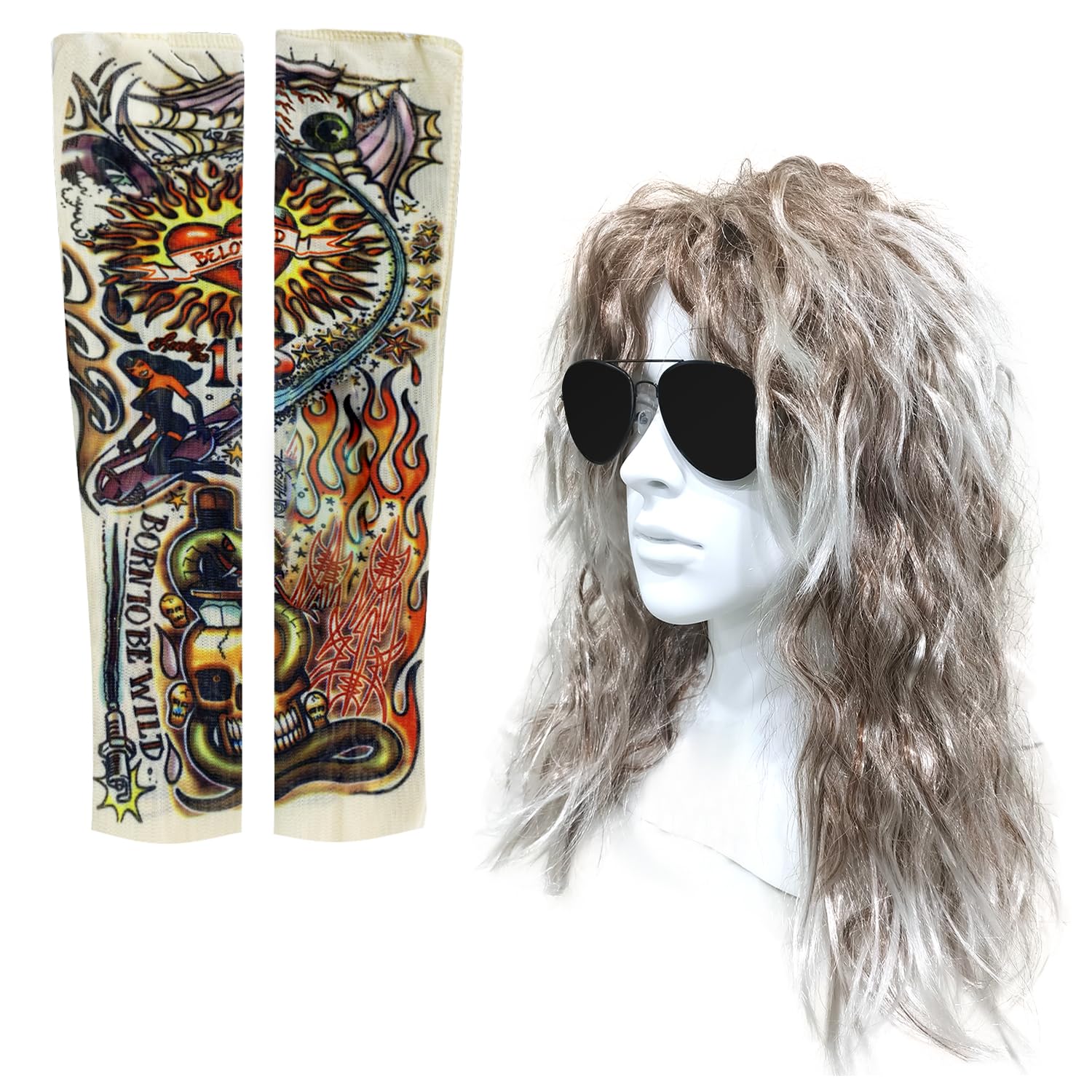 SKHAOVS 70s 80s Heavy Metal Disco Wig Tattoos Costume Set Rock Star Heavy Metal Glam Rock Fancy Dress Wig, Rocker Fancy Dress Accessories Long Curly Hat White Rocker Costume Wig (White)