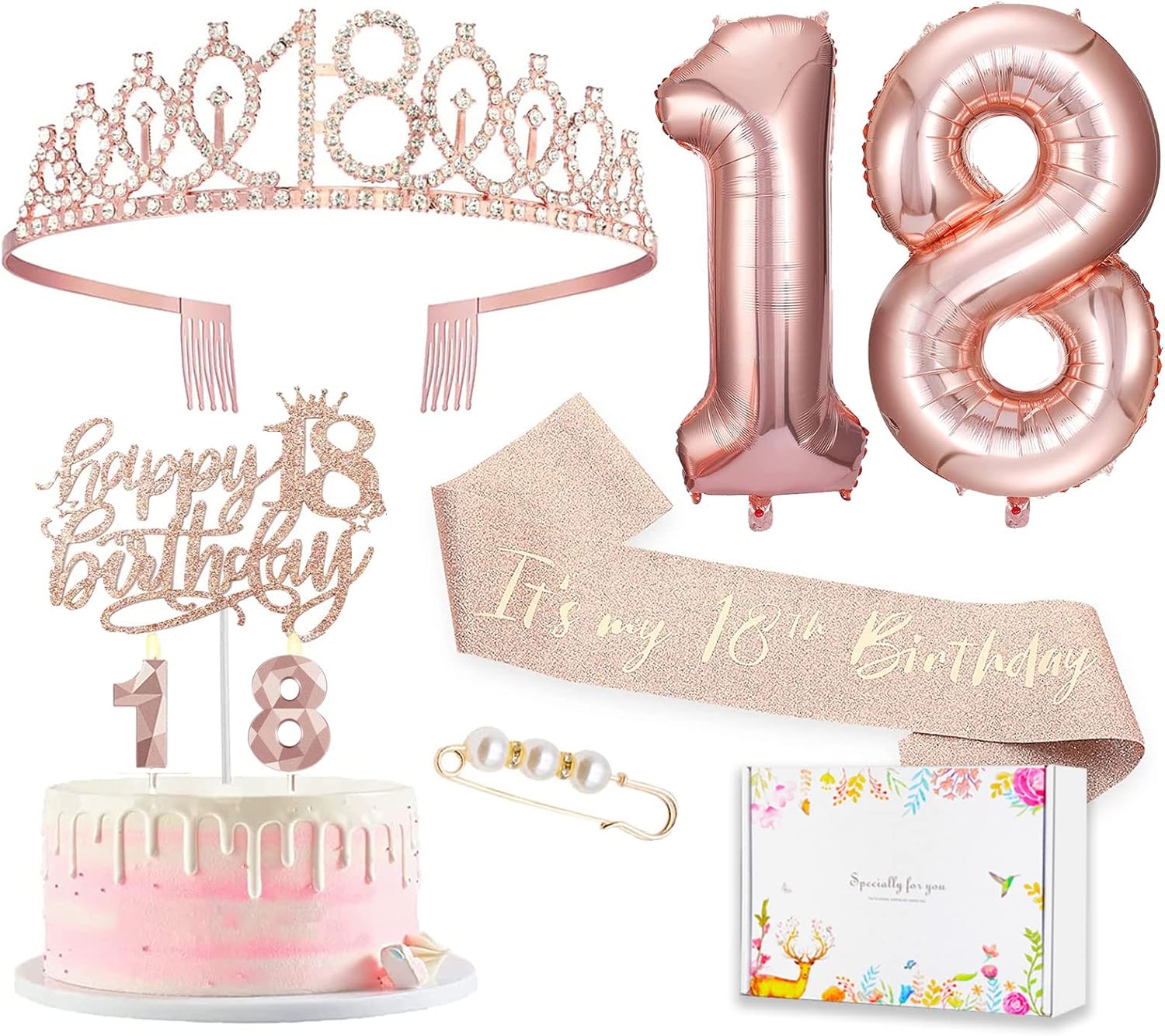 Candles & Holders - 8pcs 18th birthday decorations for girls, Including 18th Happy Birthday Cake Toppers, Birthday Queen Sash with Pearl Pin, Sweet Rhinestone Tiara Crown, Number Candles and Balloons Set, Rose Gold