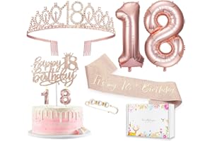 AWFRKY 8pcs 18th birthday decorations for girls, Including 18th Happy Birthday Cake Toppers, Birthday Queen Sash with Pearl Pin, Sweet Rhinestone Tiara Crown, Number Candles and Balloons Set, Rose Gold