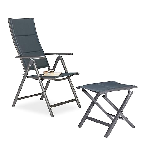 2 tlg. Gartenstuhl und Hocker Set gepolstert, Klappstuhl, Faltstuhl, Camping-Stuhl, Klapphocker, Falthocker, grau