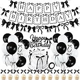 Black Bow Birthday Party Decorations, Bows Happy Birthday Banner Garland, Ribbon Bow Cake & Cupcake Toppers, Black White Balloons and Satin Ribbon for Women Girls Bows Party Decor