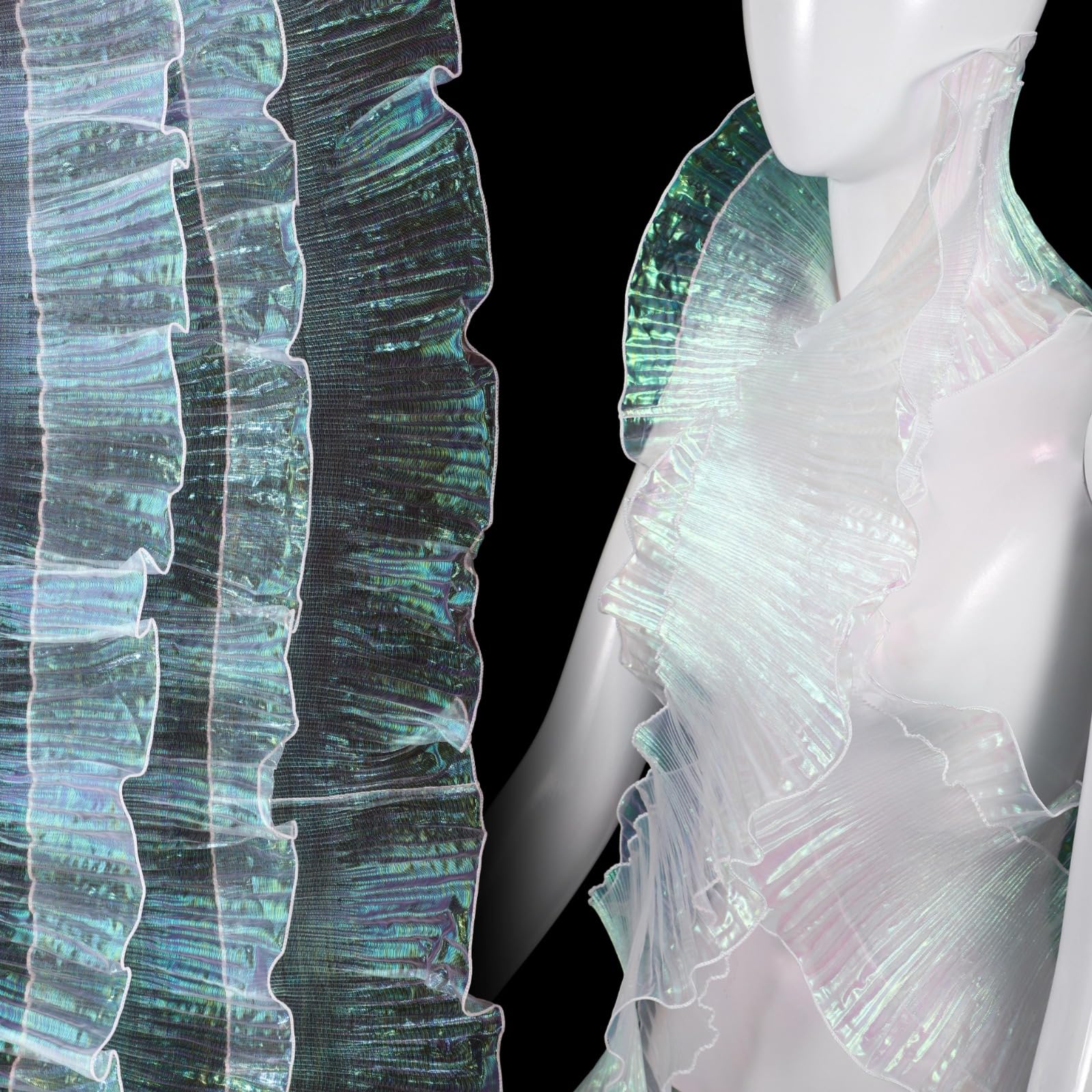 Photo 1 of 15 Yards Ruffle Trims, Iridescent Wide Lace Trim for Sewing, Organza Pleated Chiffon Trims, Gauze Fabric Trim, Halloween DIY Craft Materials, Gradient Wave Pleated Tulles