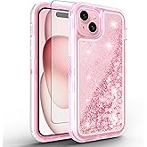 Asuwish Phone Case for iPhone 15 6.1 inch with Screen Protector Bling Liquid Glitter Clear Hybrid Shockproof TPU Military Grade Protective Heavy Duty Cell Cover iPhone15 5G i i-Phone i15 15Case Pink