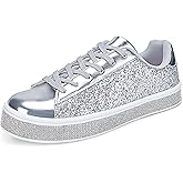 UUBARIS Women's Glitter Tennis Sneakers Neon Dressy Sparkly Sneakers Rhinestone Bling Wedding Bridal Shoes Shiny Sequin Shoes