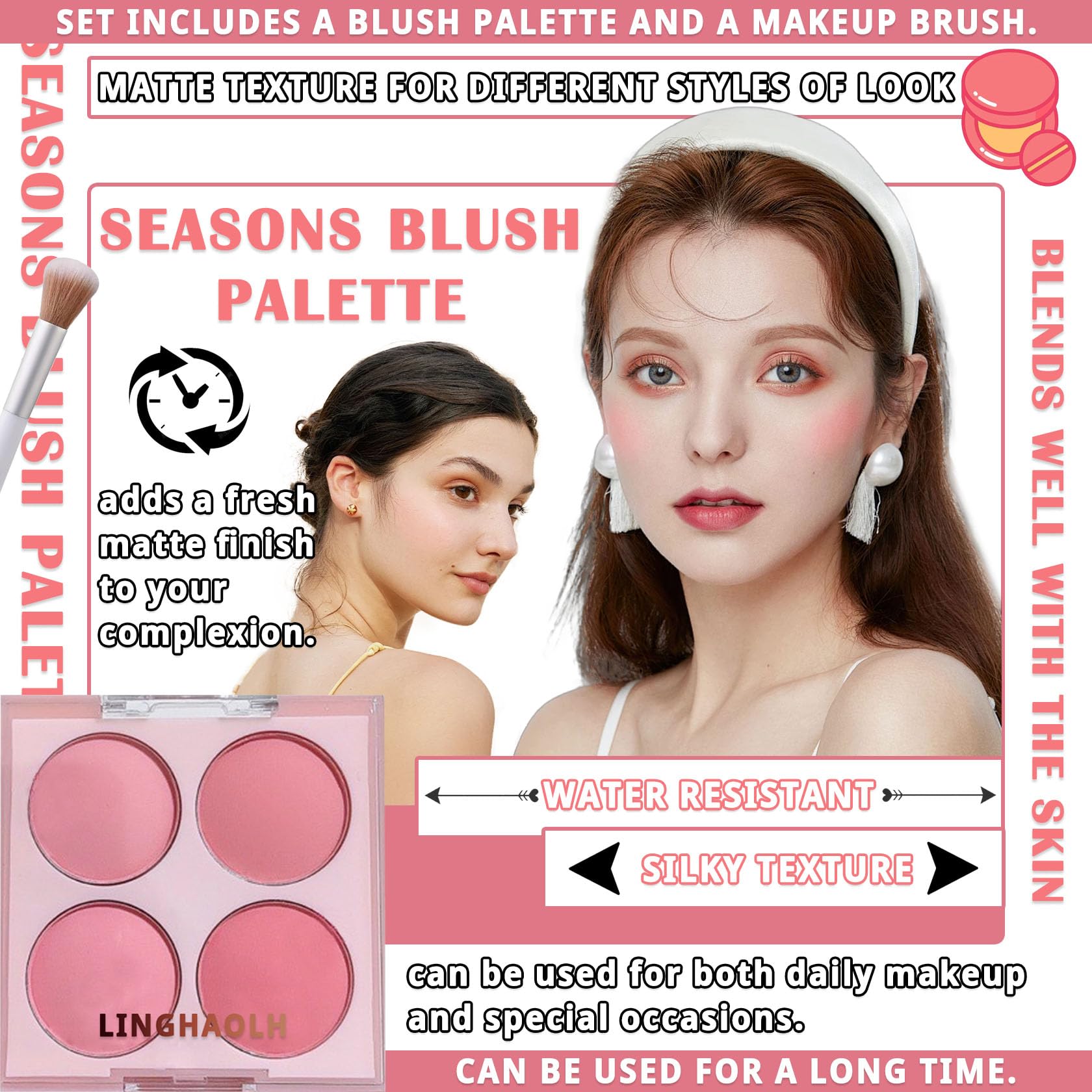 LingHaoLH 4 Colors Blush Palette for Cheeks,Face Matte Contour Blush Makeup Palette,Buildable Shimmer Facial Cheek Blusher Shades,Blendable Cosmetic Makeup Blush with Blush Brush 01