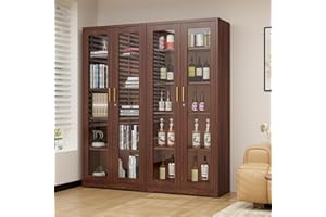 SteeLoong 71" Glass Display Cabinet with Lock,Curio Cabinet with Glass Doors, Metal Display Case with 4 Adjustable Shelves, Brown Bookcase Locking Storage Cabinets for Living Room, Kitchen，Commercial