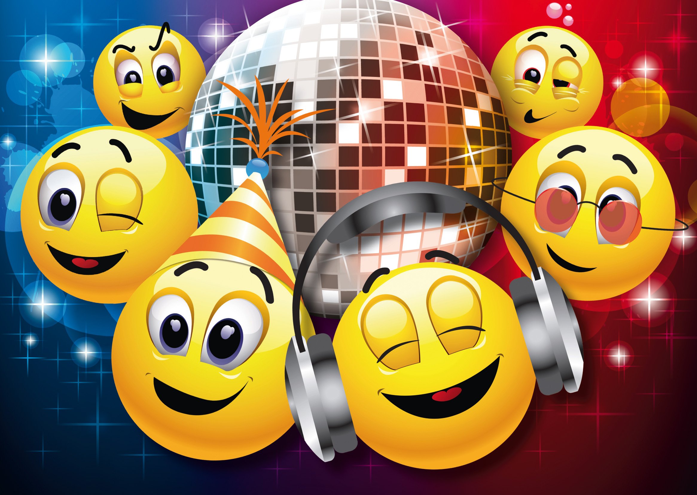 Smiley invitations “Smiley party in the disco”, set of 10 funny smiley / emoji invitations to birthday or disco by Edition Colibri© (10833)
