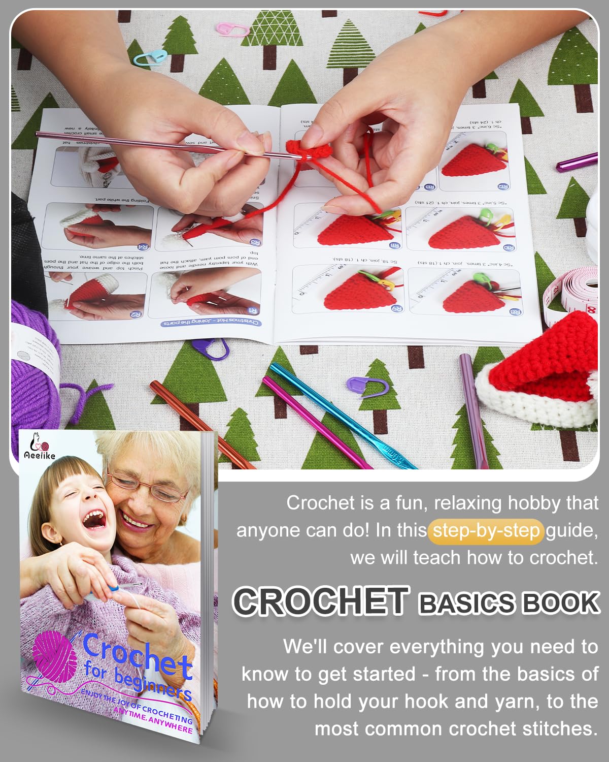 Aeelike Crochet Kit for Beginners Young and Old, First Crochet Kit for Adults Include 23pcs Crochet Hooks, 655 Yards Yarn Set for Crocheting, Instruction, Bag, Crochet Accessories and Supplies, Grey