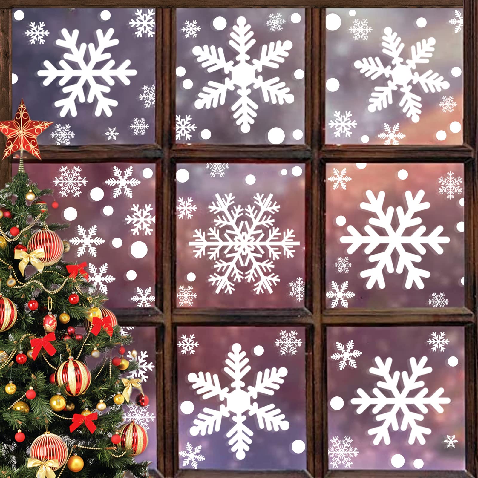 UMIPUBO 216 pcs White Snowflakes Window Stickers Static Decal Stickers Snow Flakes Stickers for Christmas Window Clings Decorations(Double Side Printed)