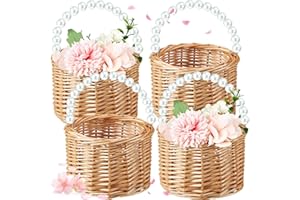 Soaoo Set of 4 Flower Girl Basket Wicker Rattan Woven Storage Basket with Pearl Handles Woven Eggs Candy Storage for Wedding Home Garden Valentines Day Decoration