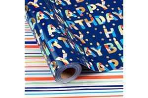 Flyhill Reversible Wrapping Paper-Metallic Foil Colorful Birthday Lettering On Navy Blue Gift Wrapping Paper for Boys Girls Birthday,Baby Shower, Party(17 IN x 32.8 FT)