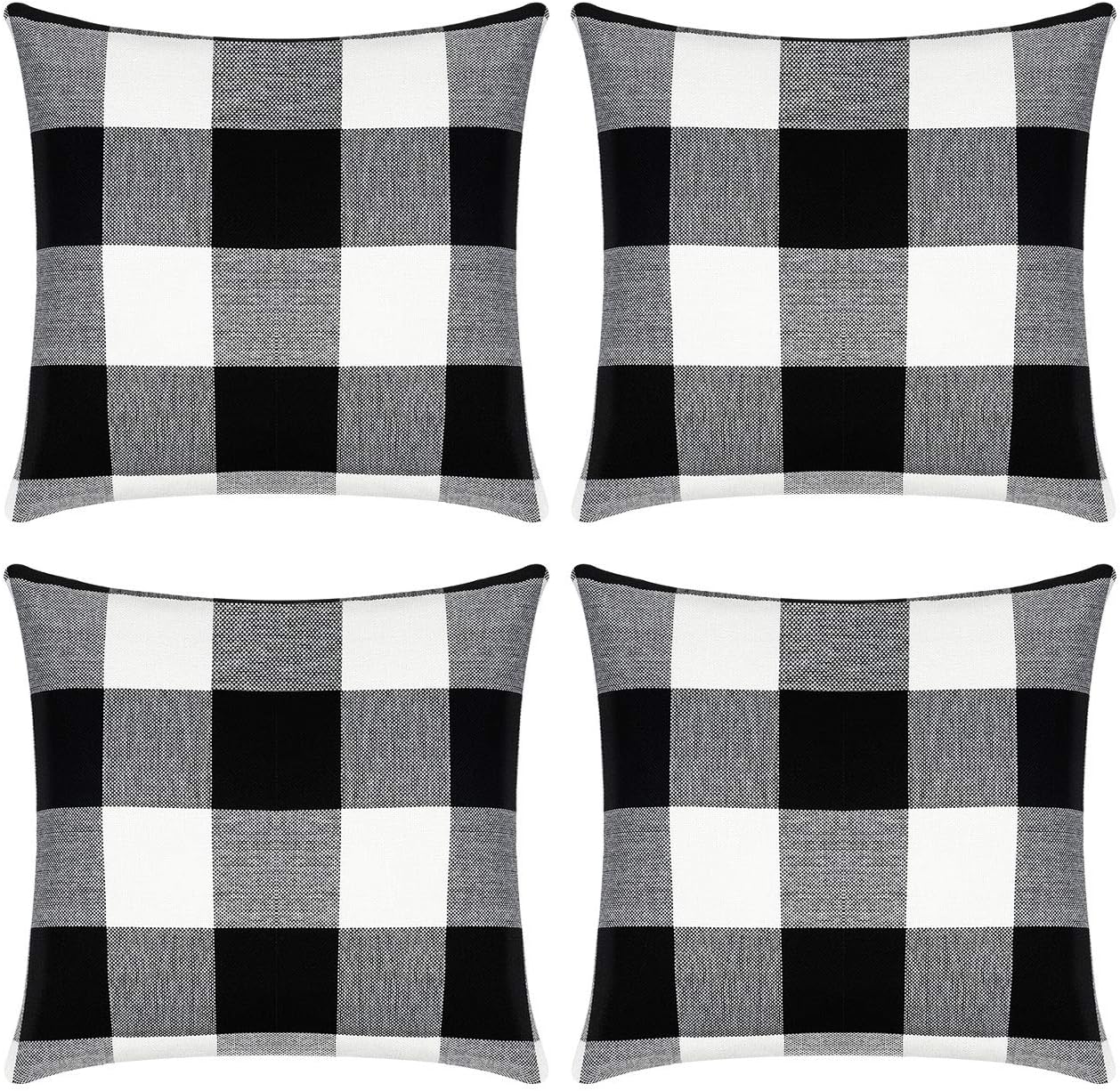 Syntus Set of 4 Buffalo Check Throw Pillow Covers Farmhouse Outdoor Plaid Square Pillow Cushion Case Black and White Cotton Linen for Home Easter Decor Car Bed Sofa, 18 x 18 inches