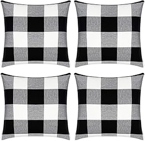 Syntus Set of 4 Buffalo Check Throw Pillow Covers Farmhouse Outdoor Plaid Square Pillow Cushion Case Black and White Cotton Linen for Home Easter Decor Car Bed Sofa, 18 x 18 inches
