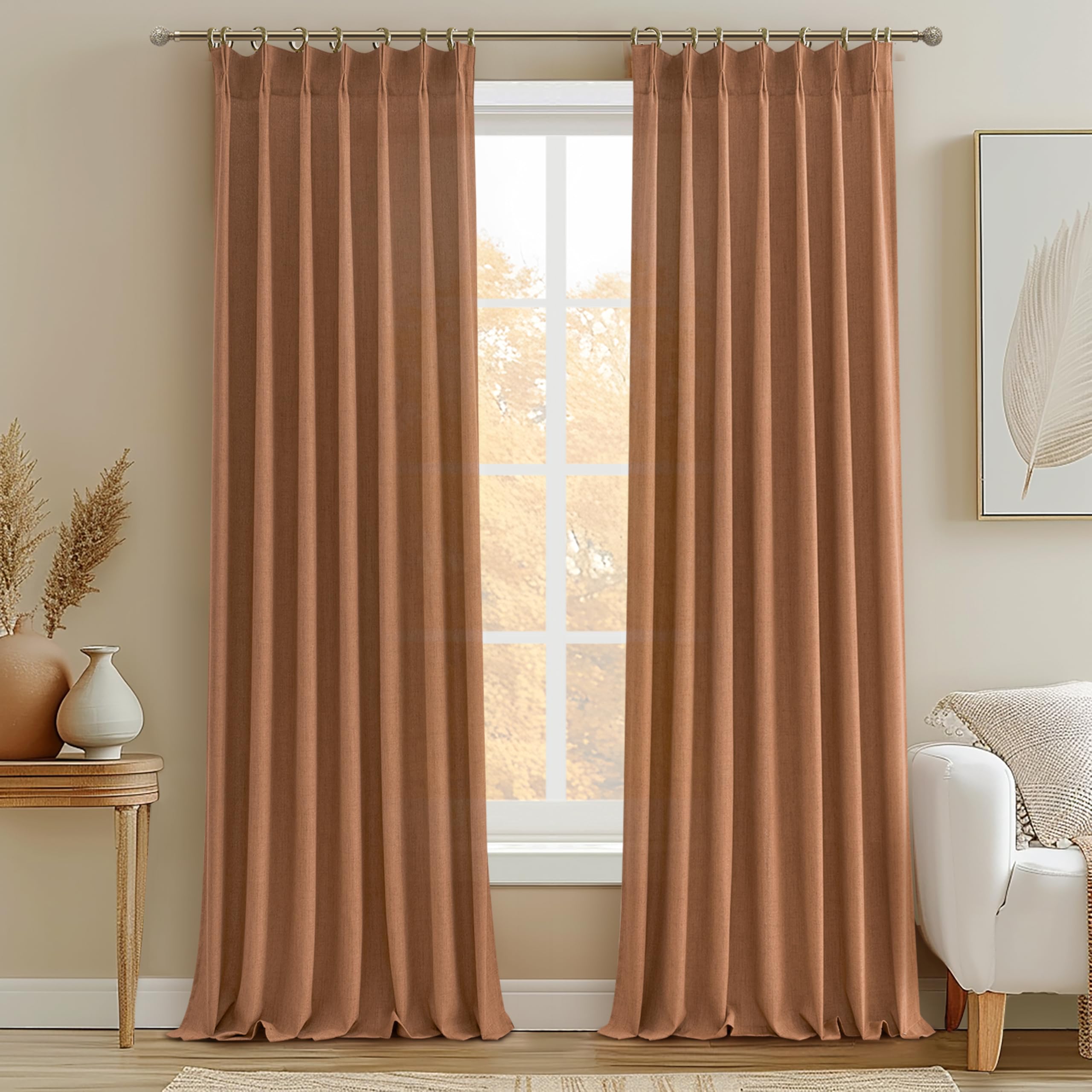 PleatedDrapes Antique Burnt Orange Sheer Autumn Curtains & Drapes 108 Inches Long 2 Panels, Light Filtering Privacy Curtain Rust Linen Blend with Hooks Rings for Living Room/Sunroom/Office,Terracotta Image