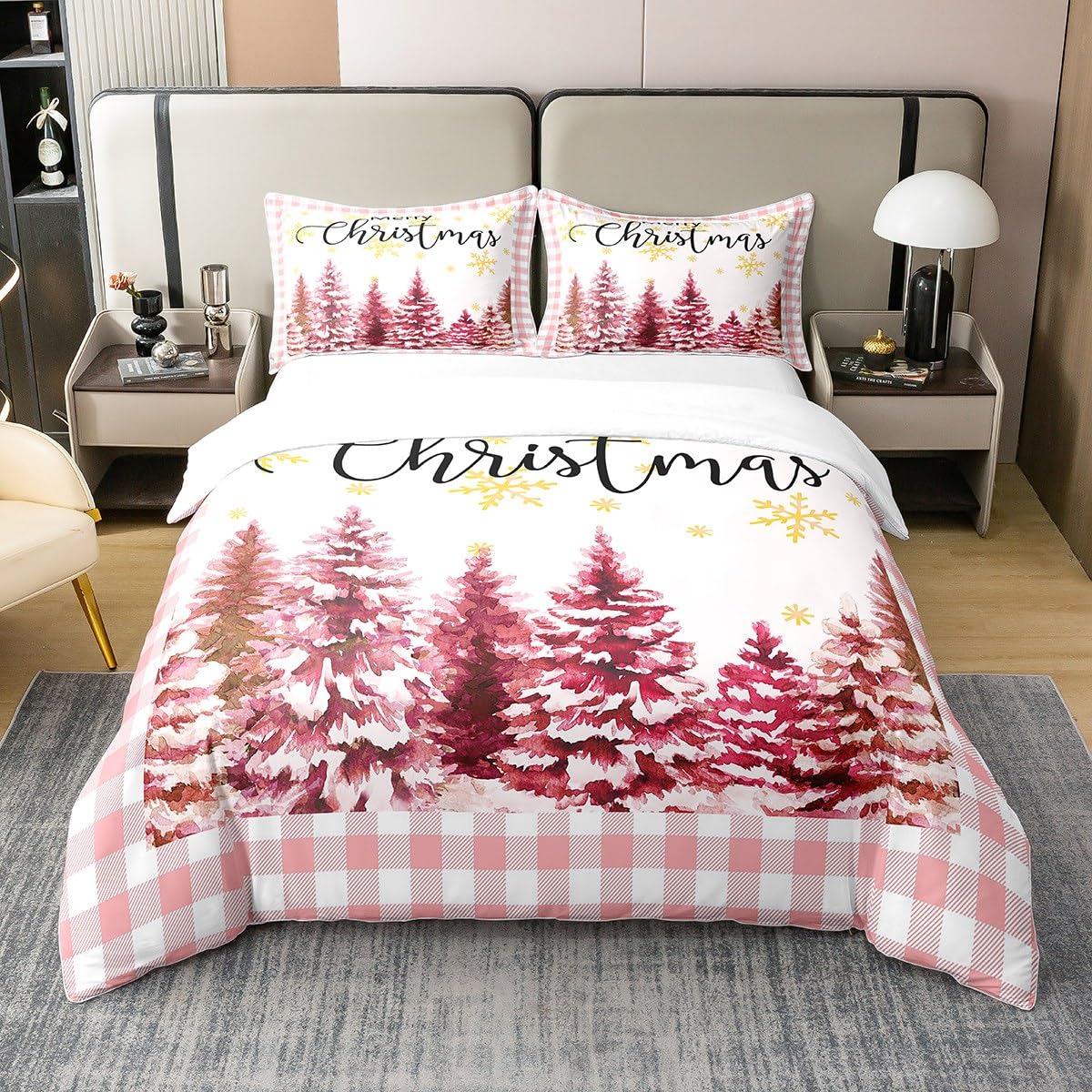 Homewish Xmas 100% Cotton Duvet Cover Single Size Girls Cute Kawaii Bedding Set Pink Christmas Tree Comforter Cover Geometric Lattice Buffalo Golden Snowflake Bed Sets with 1 Pillowcase