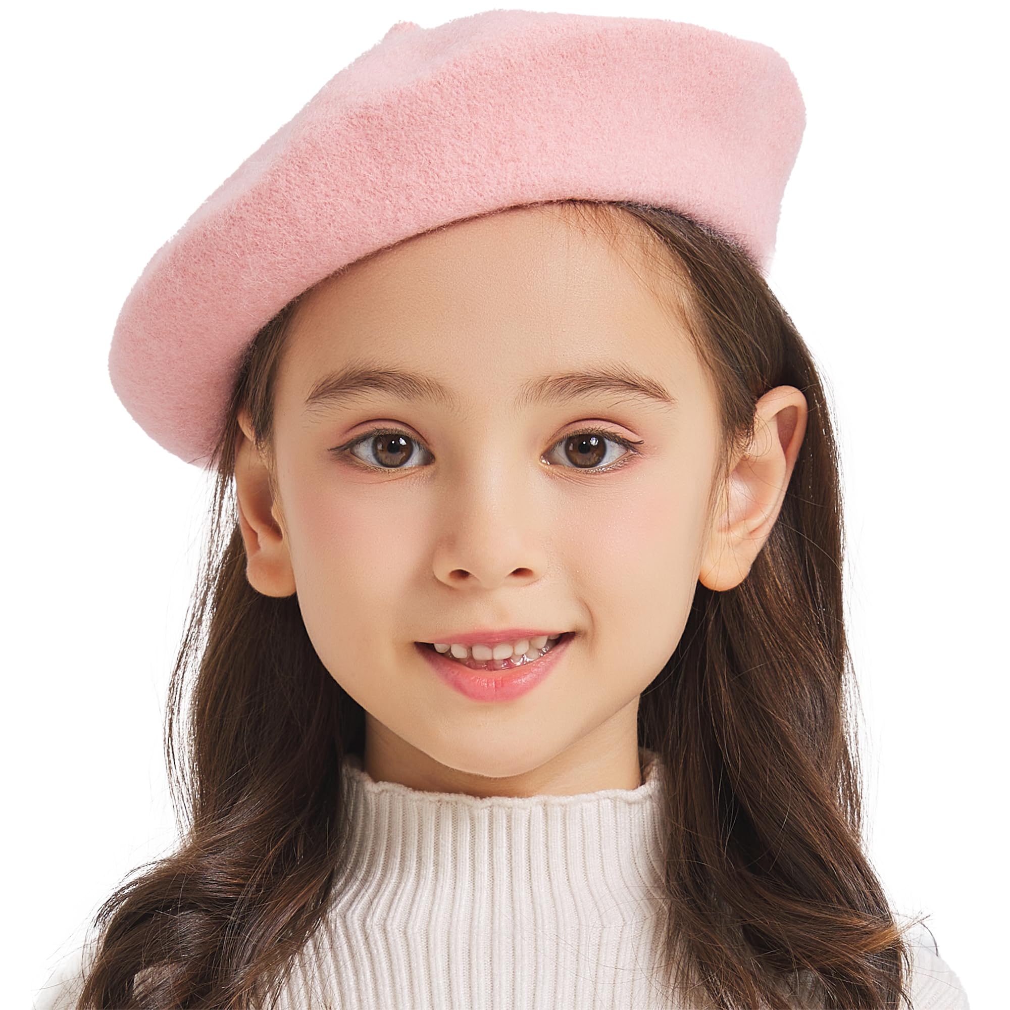 ZLYC Wool Kids Beret Hat Girls Solid Color Artist French Beret Cap(Pink)