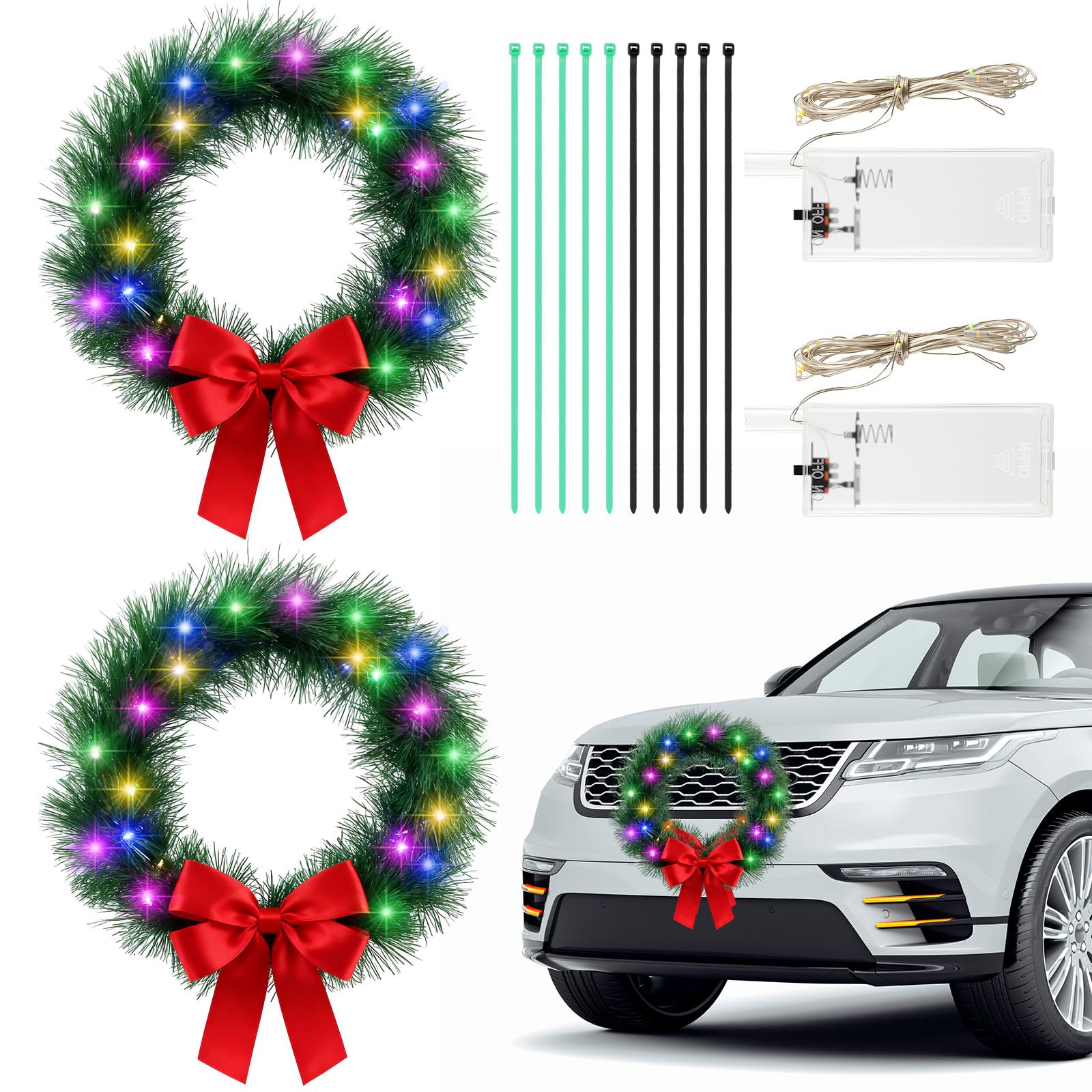 Photo 1 of Yuxung 2 Pieces 13 Inch Car Christmas Wreath with 20 Small White Light Christmas Car Decoration with Red Bow and Battery Case for SUV Decorations Winter Hoilday (Colored)