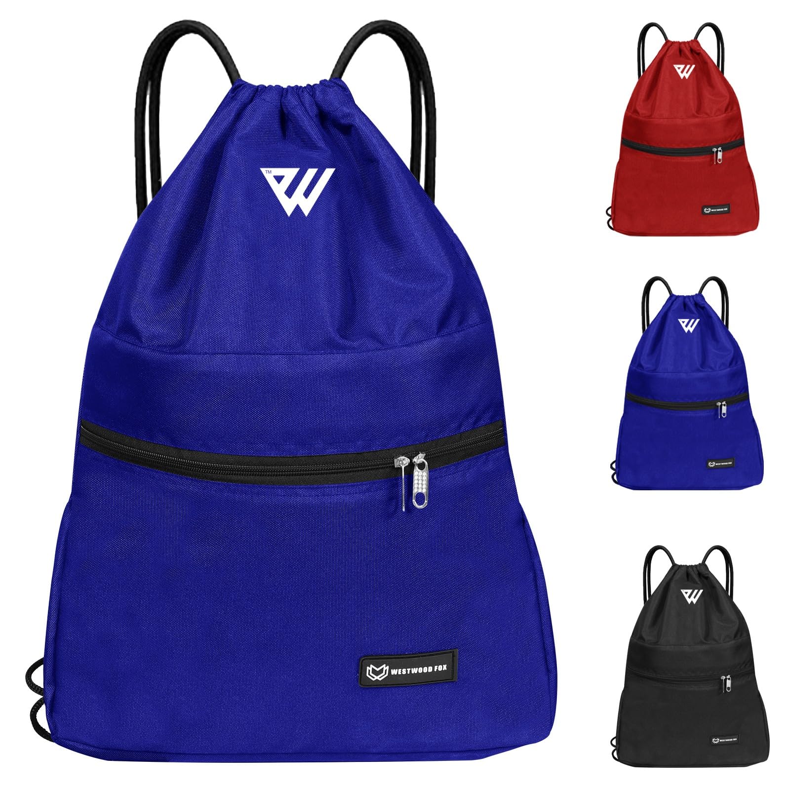 WESTWOOD FOX WFX Drawstring Bag String Waterproof Sport Gym Sack Backpack for Women Men PE Bag Outside Pocket Zipper School Beach Holidays Swimming Travel (Jet Blue)