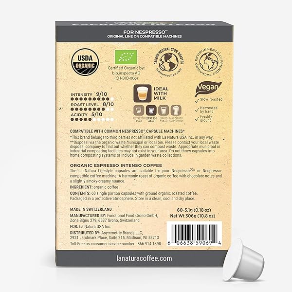 LA NATURA LIFESTYLE ORGANIC ESPRESSO INTENSO COFFEE PODS – 100% ARABICA, ALUMINUM-FREE PODS – COMPATIBLE WITH NESPRESSO ORIGINAL LINE – RICH AROMA COFFEE CAPSULES – PACK OF 10