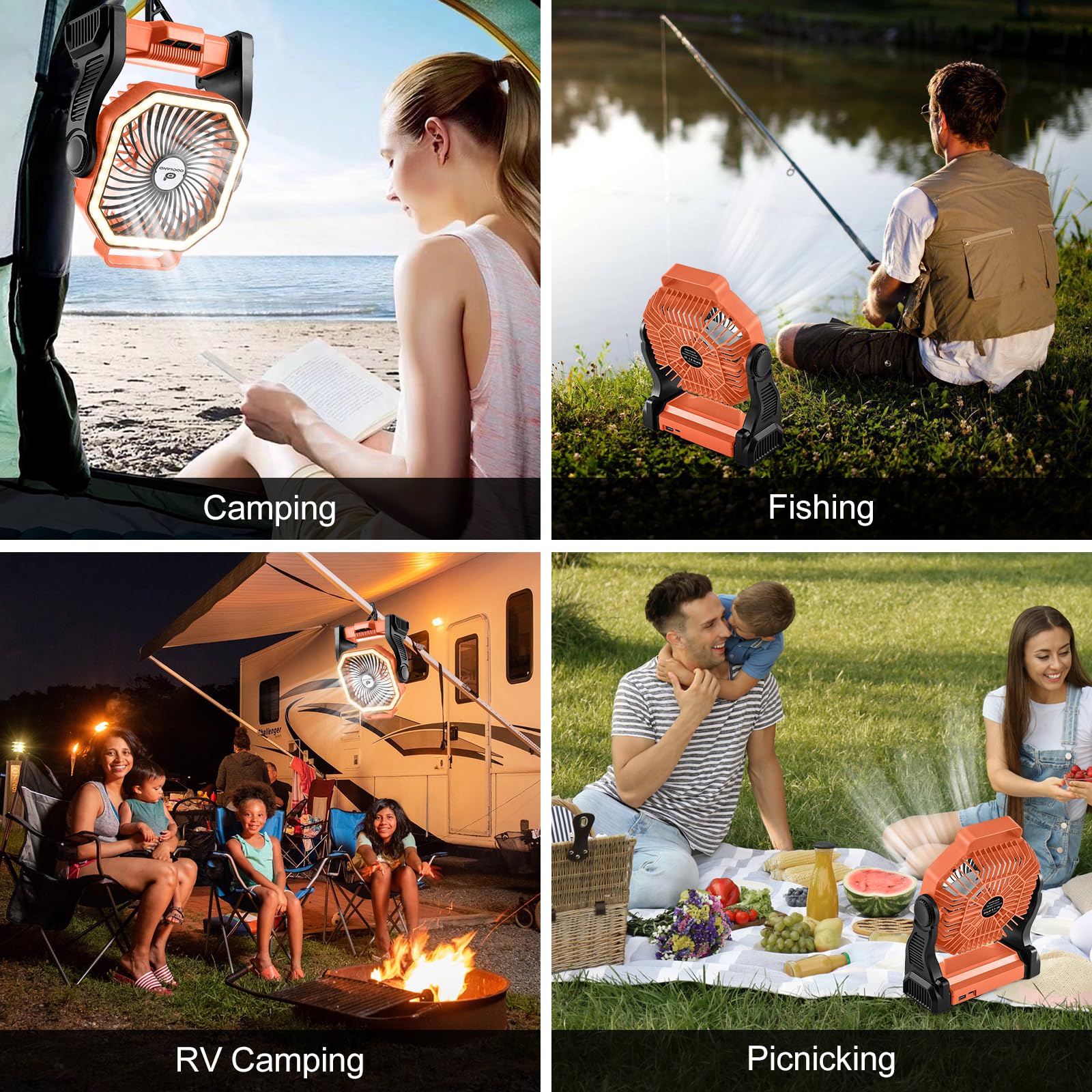Odoland Rechargeable Camping Fan, 20000mAh Battery Fans with LED Lantern for Tent Car Beach Storm, Portable Light Desk Cooling Fan for Picnic Power Outage Hurricane, Orange