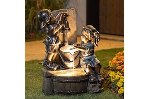Glitzhome Outdoor Water Fountain with LED Light, Children Playing with Faucet Waterfall Fountains, Antique Bronze Resin Boy and Girl Statue Outdoor Waterfall Fountain for Patio Backyard Garden, 25”H
