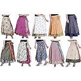 ALOFCART Wrap Around Skirt Wholesale Lot of 10 Pcs Printed Reversible Two Layer Long Indian Vintage Sari Skirts Multicolor