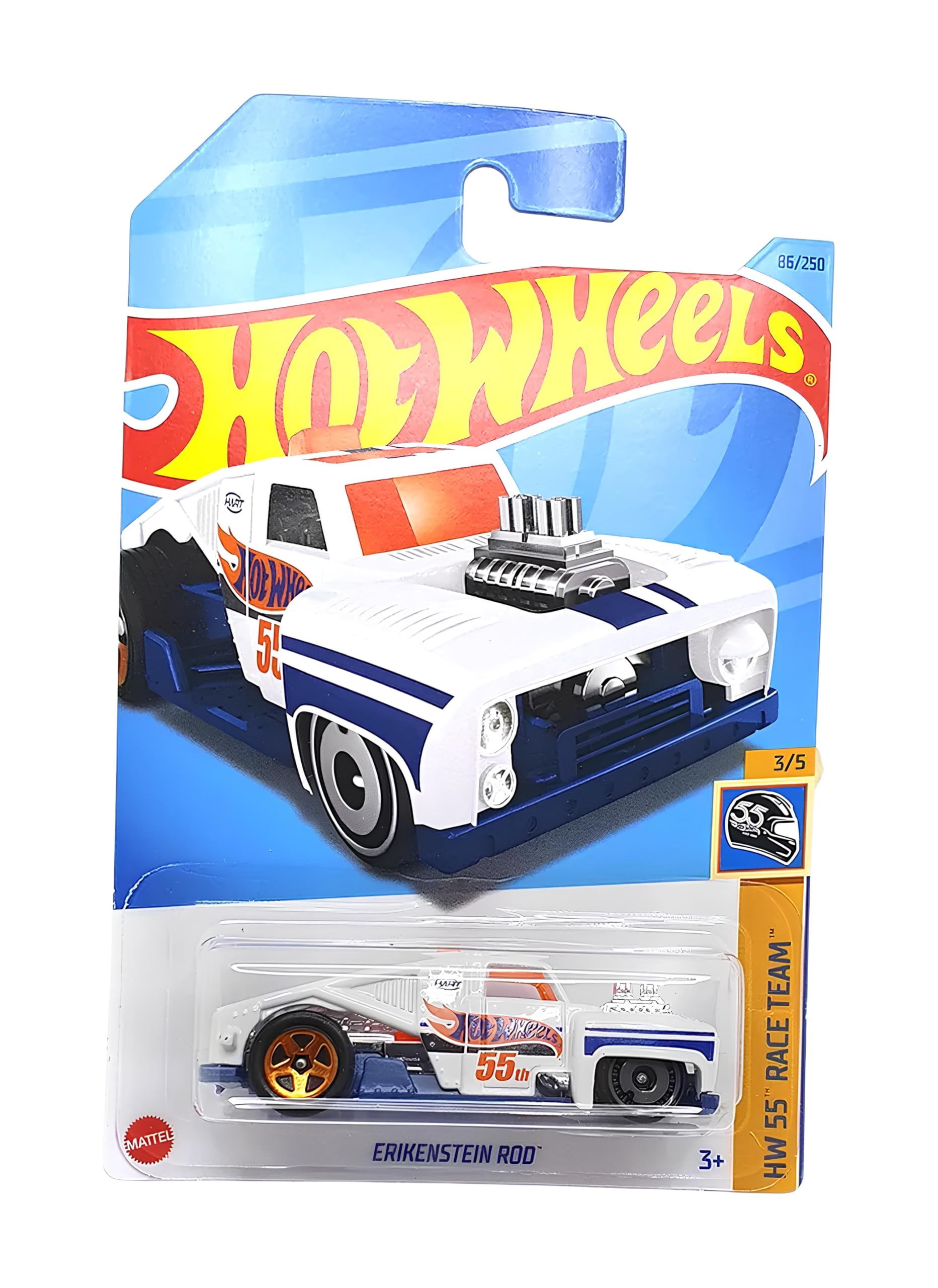 Hot Wheels Erikenstein Rod (White, Blue & Orange) 3/5 HW 55th Race Team - 2023-86/250 (Short Card) - COMES IN A KLAS CAR KEEPER PROTECTIVE COLLECTORS CASE - HKK29