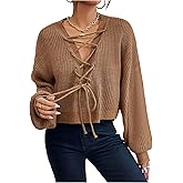 SHENHE Women's Lace Up Deep V Neck Sweater Lantern Sleeve Fall Dressy Knit Sweater Pullover
