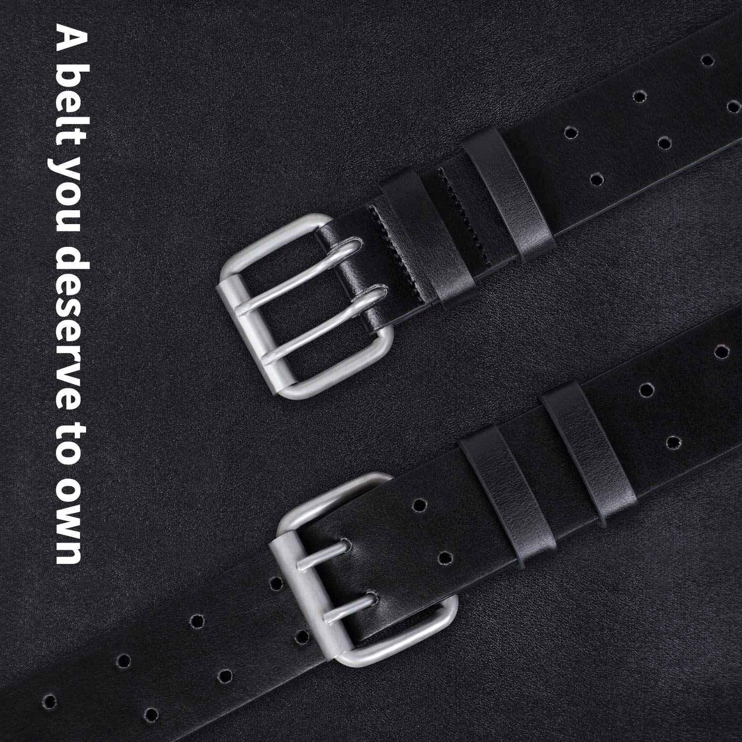 Double Prong Leather Belt Heavy Duty Belt for men, Double Grommet Holes Belt for Pants, Black, Suit for Pant Size Up to 34\