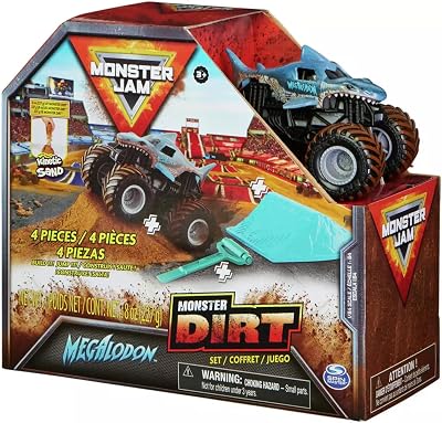 Monster Jam 4 Piece Playset with 1:64 Die-Cast Lorry Megalodon Ramp Dirt Set