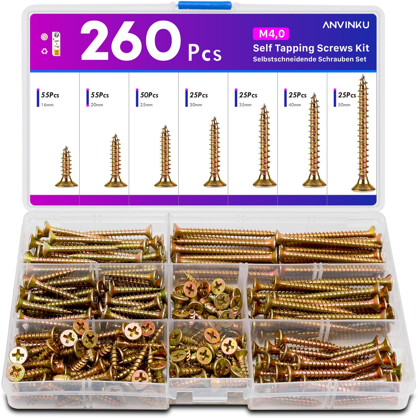 ANVINKU 260PCS Screws for Wood, M4 Wood Screws Assortment, Color Zinc Self Tapping Screw, Countersunk Screw Set for Furniture Repairs