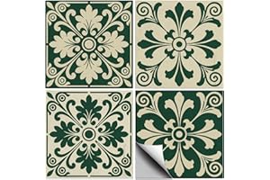 CONCHLERY 36 Pcs 4 Styles Retro Bohemian Pattern Tile Sticker Green Pattern Wall Tile Stickers Waterproof Self Adhesive Stick