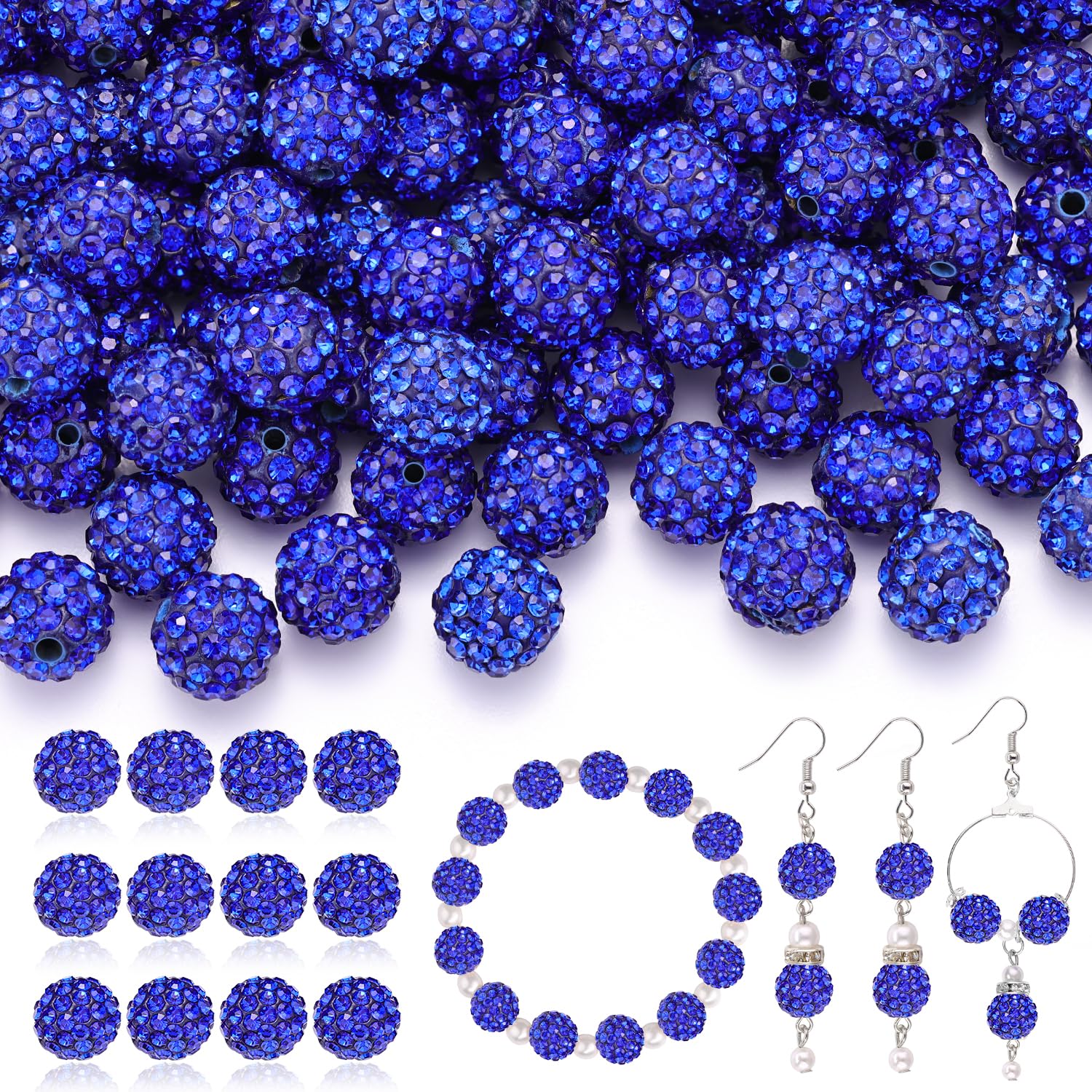 Photo 1 of 120pcs 10mm Rhinestone Beads for Jewelry Making, Dark Blue Shiny Round Shamballa Disco Ball Beads Bulk, Sparkle Crystal Clay Christmas for Bracelet Baseball Necklace Earring Crafting and DIY