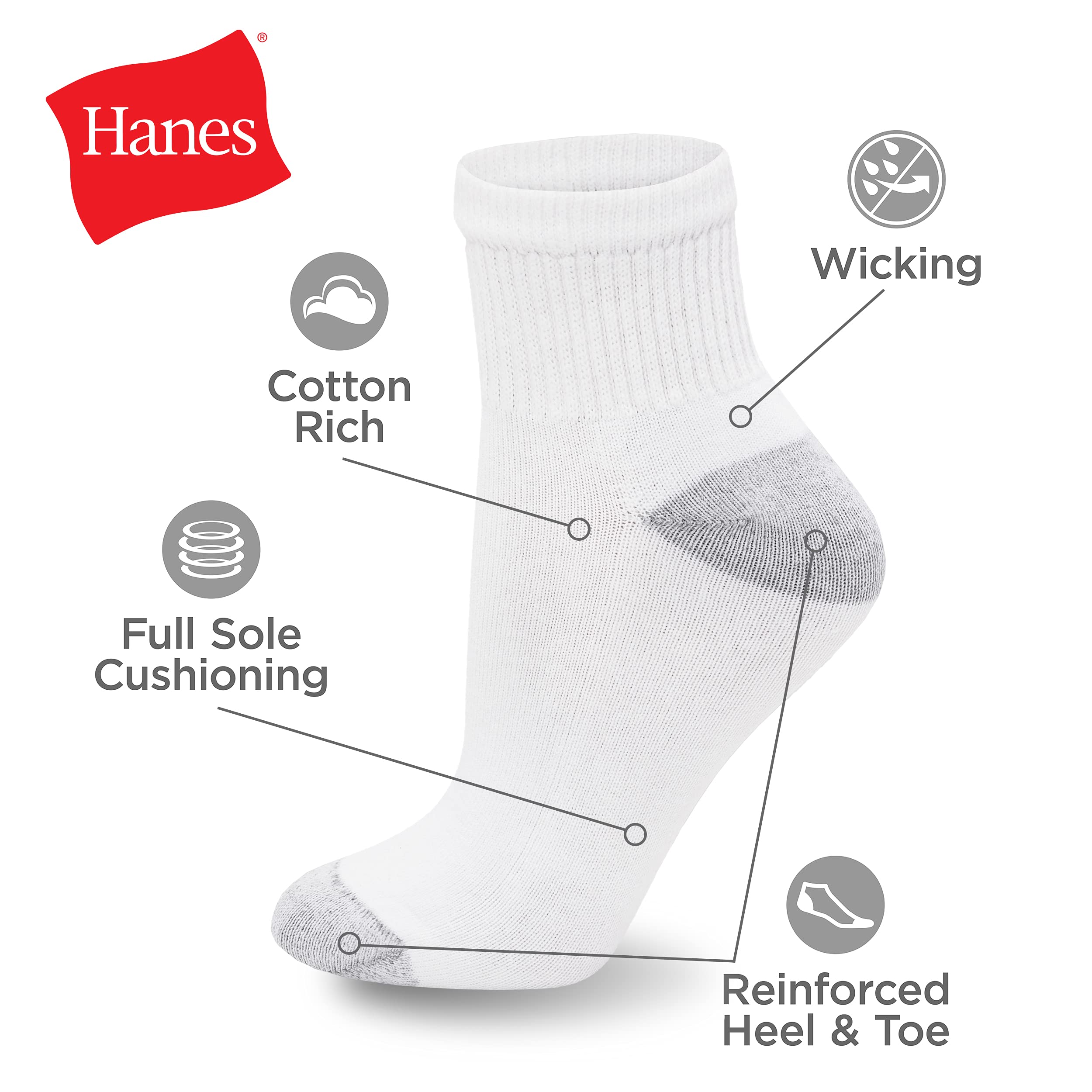 Hanes Women's Ankle, Moisture-Wicking Socks for Women, Cushioned Athletic Ankle Socks, 10-Pack