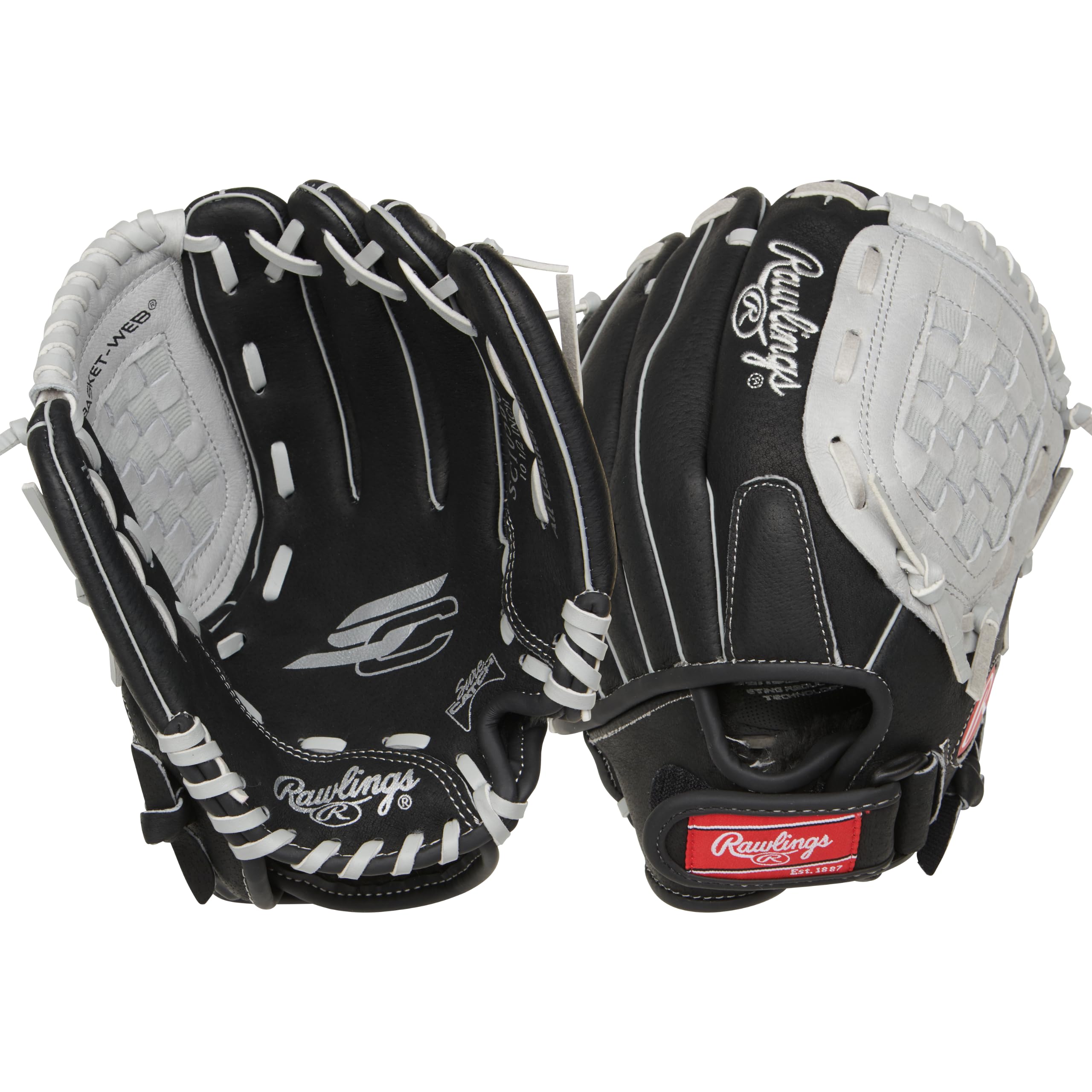 Rawlings | SURE CATCH T-Ball & Youth Baseball Glove | Left Hand Throw | 10.5" | Black/Grey