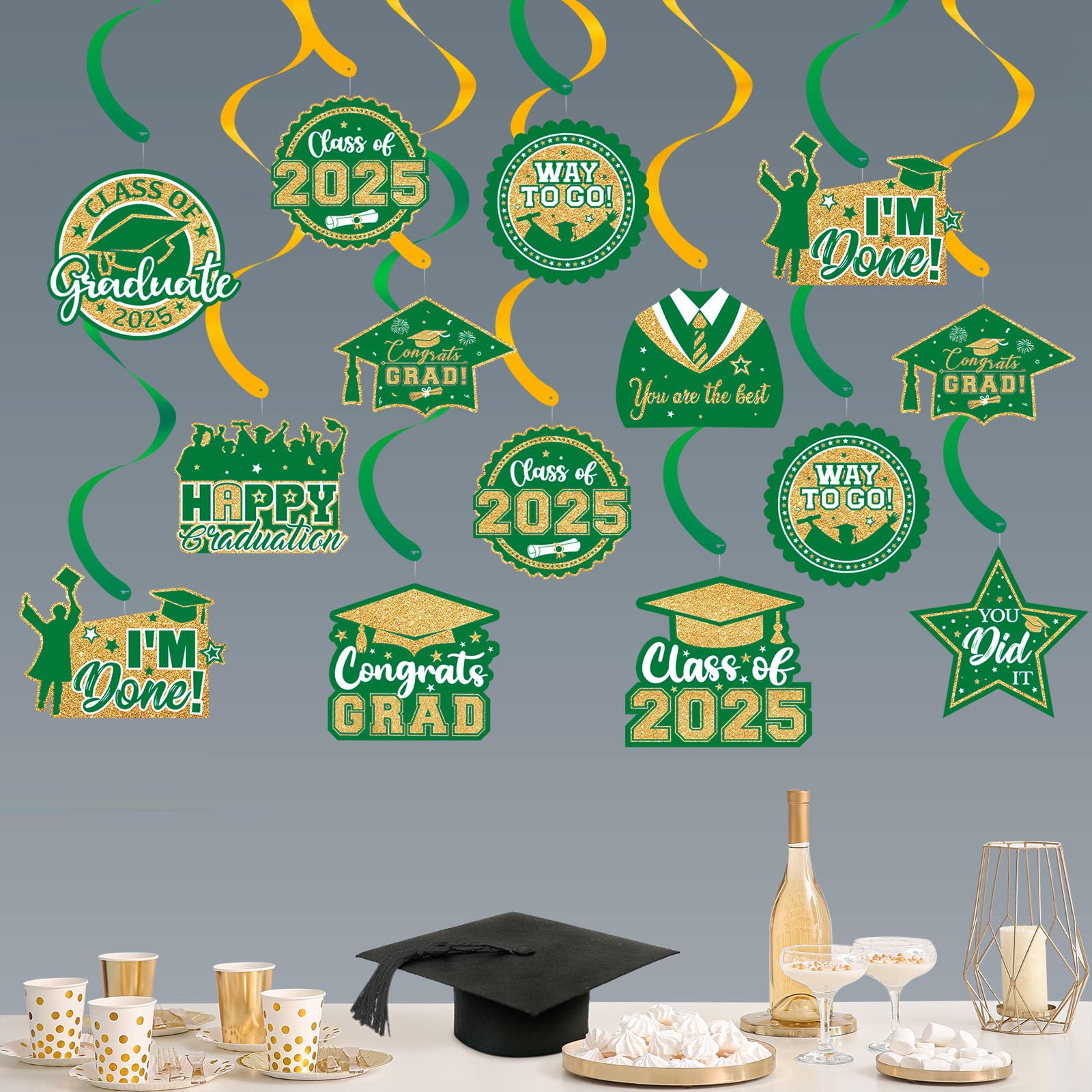 Photo 1 of 20 Pack Graduation Party Decorations 2025 - Congrats Grad Hanging Decoration, Green Gold Glittery Hanging Swirls Ceiling Streamers Ornaments for Class of 2025 Graduation Decorations Favors