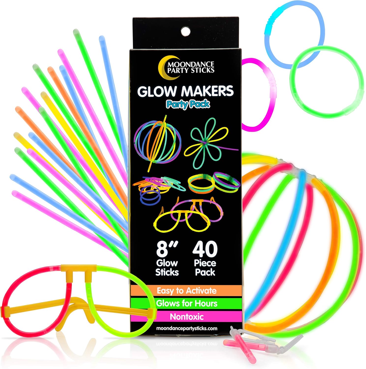 PartySticks Moondance Glow Sticks and Connectors - 40pk Party Decorations Glow in The Dark Party Favors with 16 Glow Sticks, 24 Connectors for Light Up Glasses, Glow Necklaces, Glow Bracelets: Toys & Games